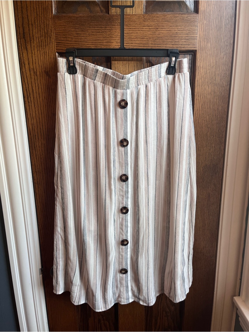 AB Studio Neutral Striped Button-Front Midi Skirt